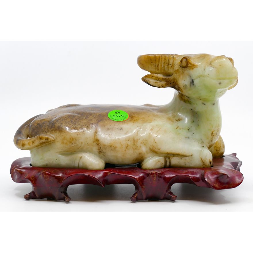 Chinese Carved Jade Reclining Ox on Stand 9''