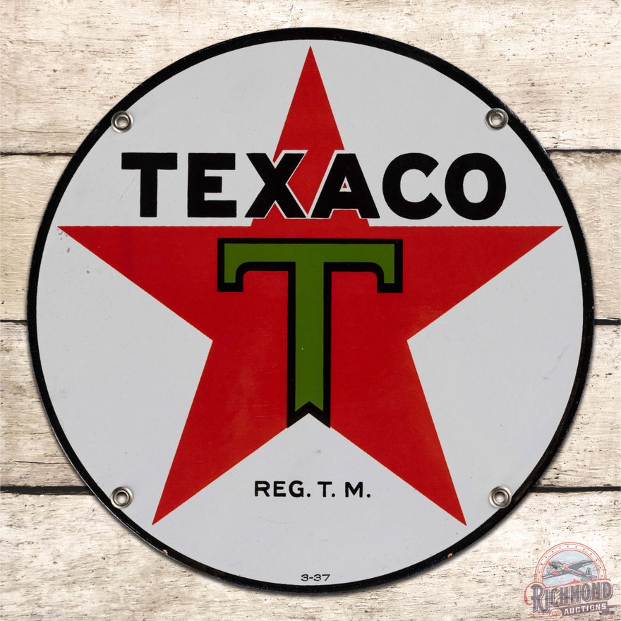 Excellent 1937 Texaco 10" Single Sided Porcelain Logo Sign "Black T"