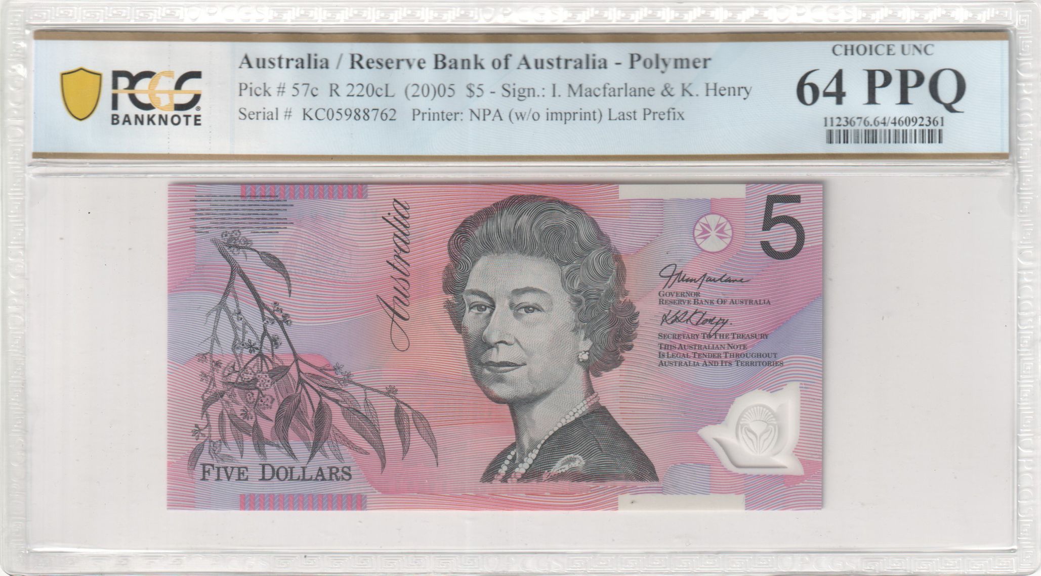 Macfarlane/ Henry, Last Prefix, Five Dollar, 2005, PCGS Choice UNC 64 PPQ