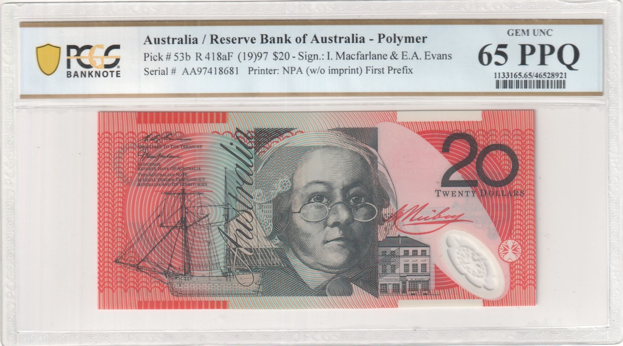 Macfarlane/ Evans, First Prefix, Twenty Dollar, 1997, PCGS Gem UNC 65 PPQ