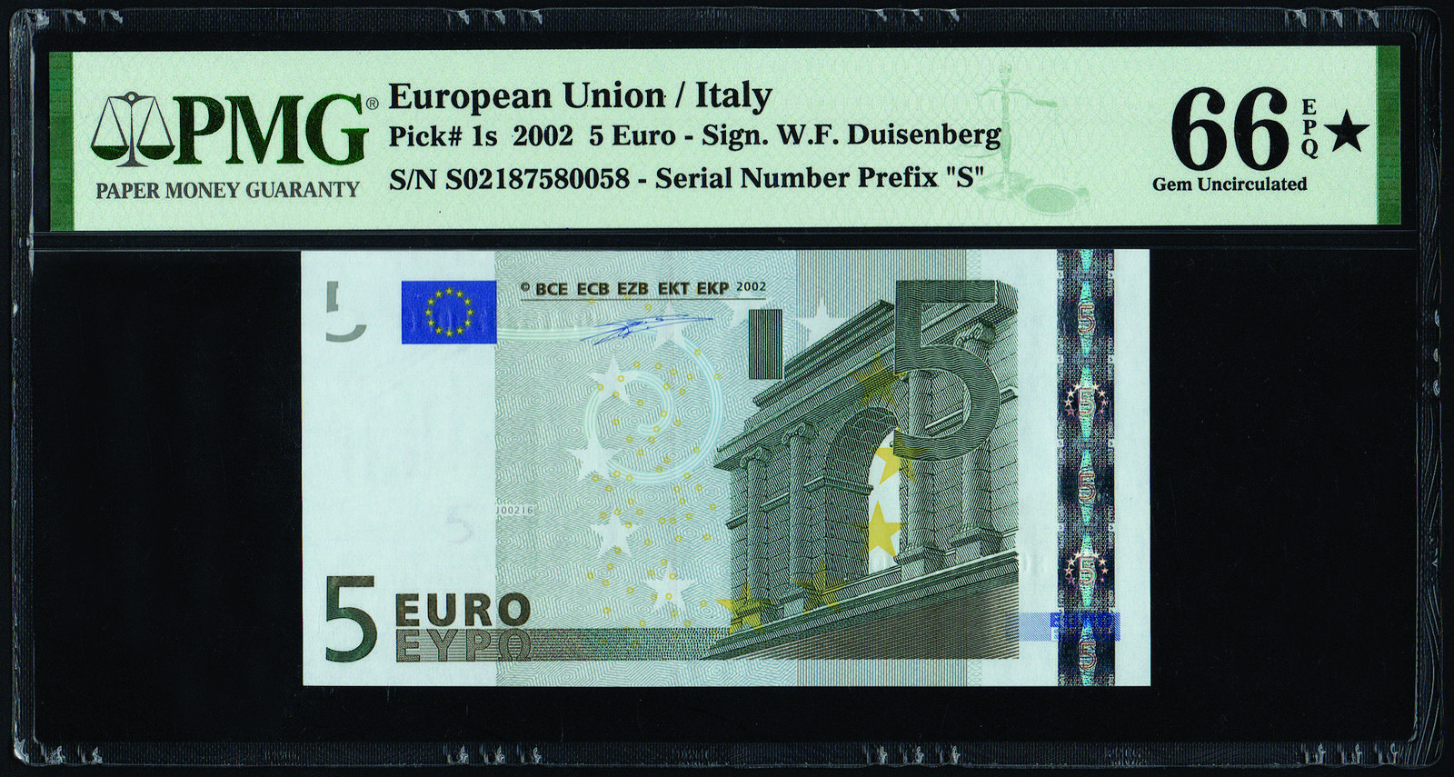 European Union/ Italy, €5, 2002, PMG 66EPQ* (PMG label wrong S/N)