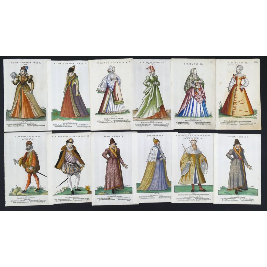 12pc Renaissance & Elizabethan Fashion Colored Woodcuts- 12.5x8'' sheets