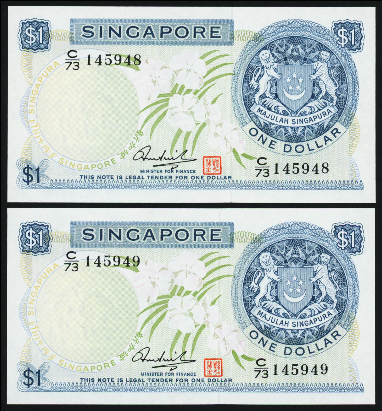 Singapore Orchid 1967 $1 Error Notes Consecutive C/73 145948-49 