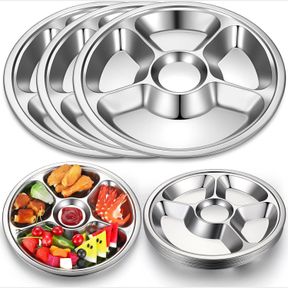 ROSHTIA 10 PCS DIVIDED DINNER PLATE WITH 5 SECTIONS STAINLESS STEEL DIVIDED PLATE FOR ADULTS KIDS ROUND PORTION CONTROL PLATE CAMP