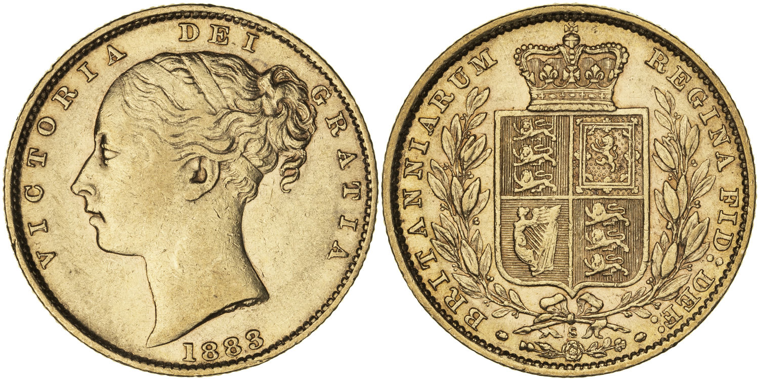 Victoria, Shield Reverse, Sovereign, 1883-S, gVF