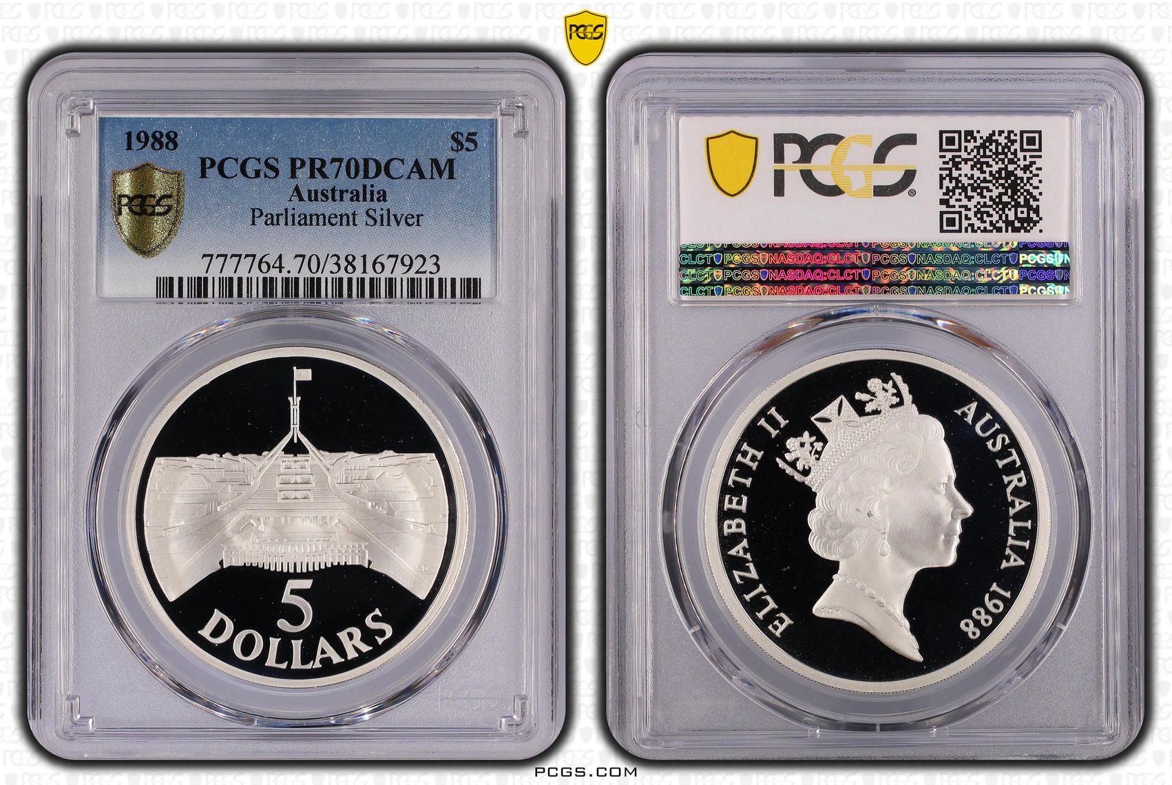 Parliament Ag, Five Dollar, 1988, PCGS PR70DCAM