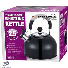 Stainless Steel Whistling Kettle 2.5 Ltr Black Prima |