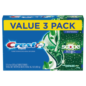 5.67 IN X 8.62 IN X 1.5 IN CREST + SCOPE OUTLAST COMPLETE WHITENING TOOTHPASTE, MINT, 5.4 OZ, PACK OF 3 TUBES