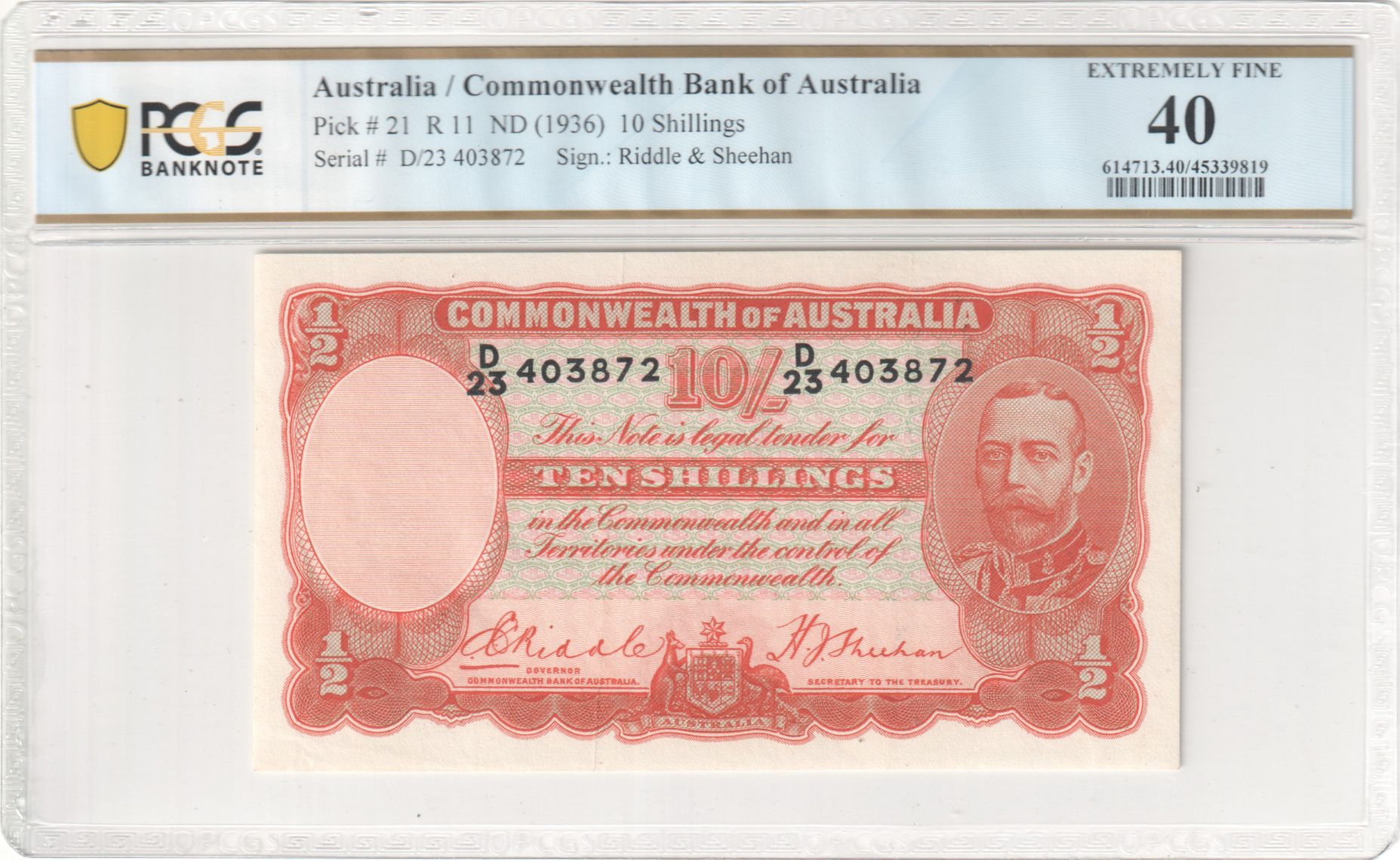 Commonwealth Bank of Australia, Riddle & Sheehan, Ten Shilling, 1936, PCGS Extremely Fine 40