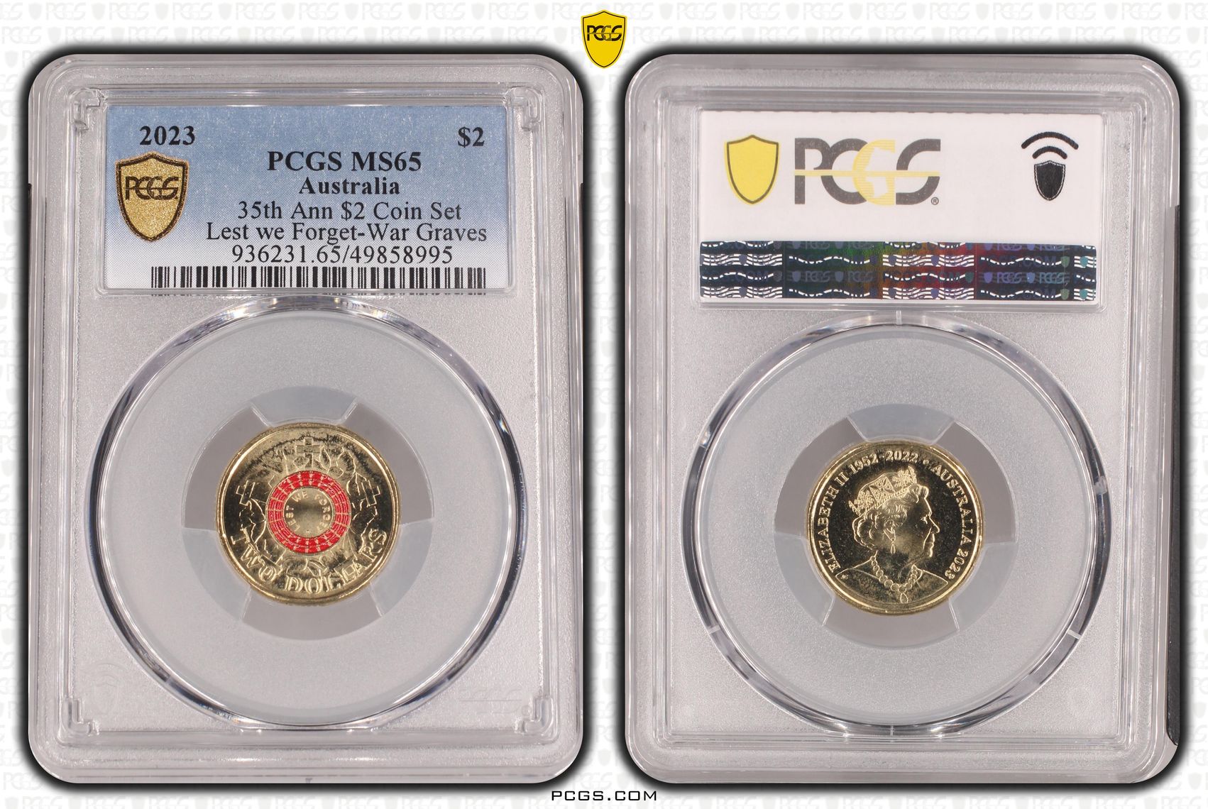 Elizabeth II, 35th Ann $2 Coin Set Colorized Lest we Forget-War Graves , Two Dollar, 2023, PCGS MS65