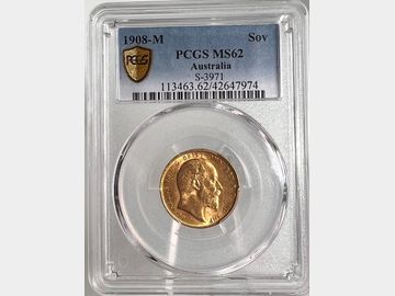 1908 EDWARD VII MELBOURNE MINT GOLD SOVEREIGN MS62 PCGS