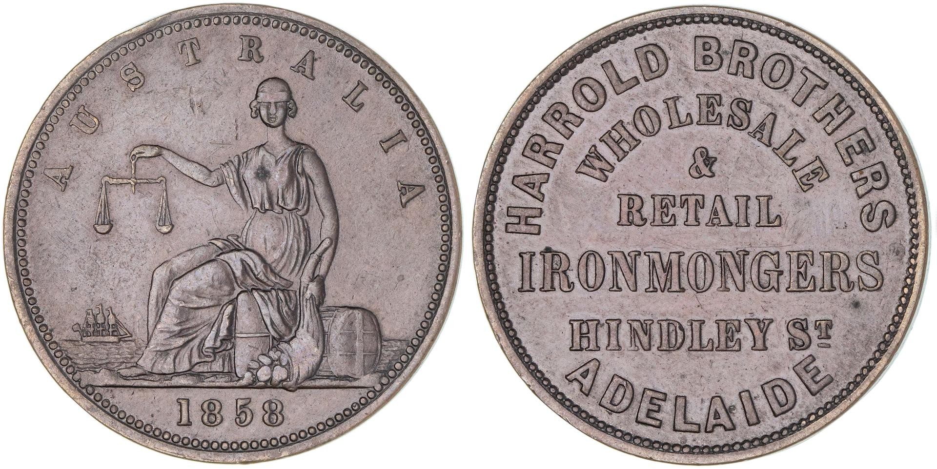 425 · Harrold Brothers, Adelaide, Penny, 1858, EF