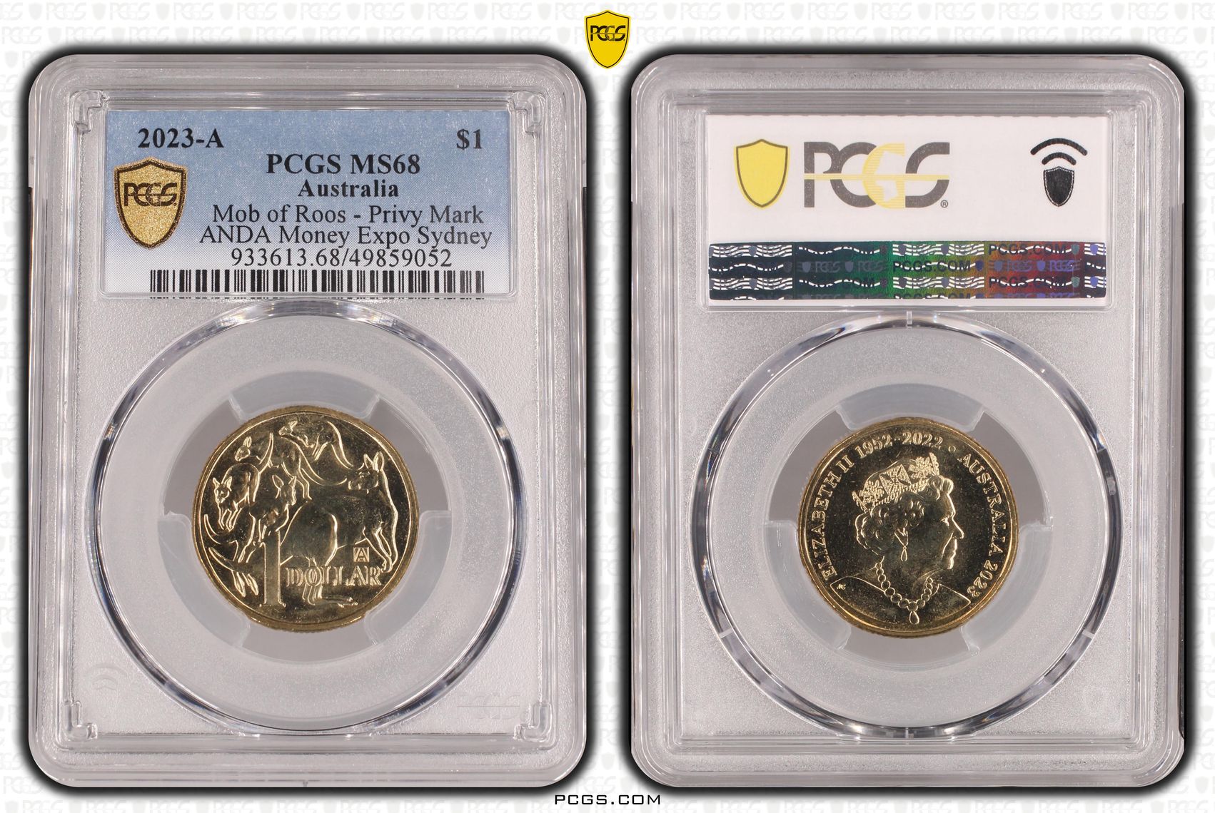 309 · Elizabeth II, Mob of Roos - Privy Mark - ANDA Money Expo Sydney , One Dollar, 2023-A, PCGS MS68