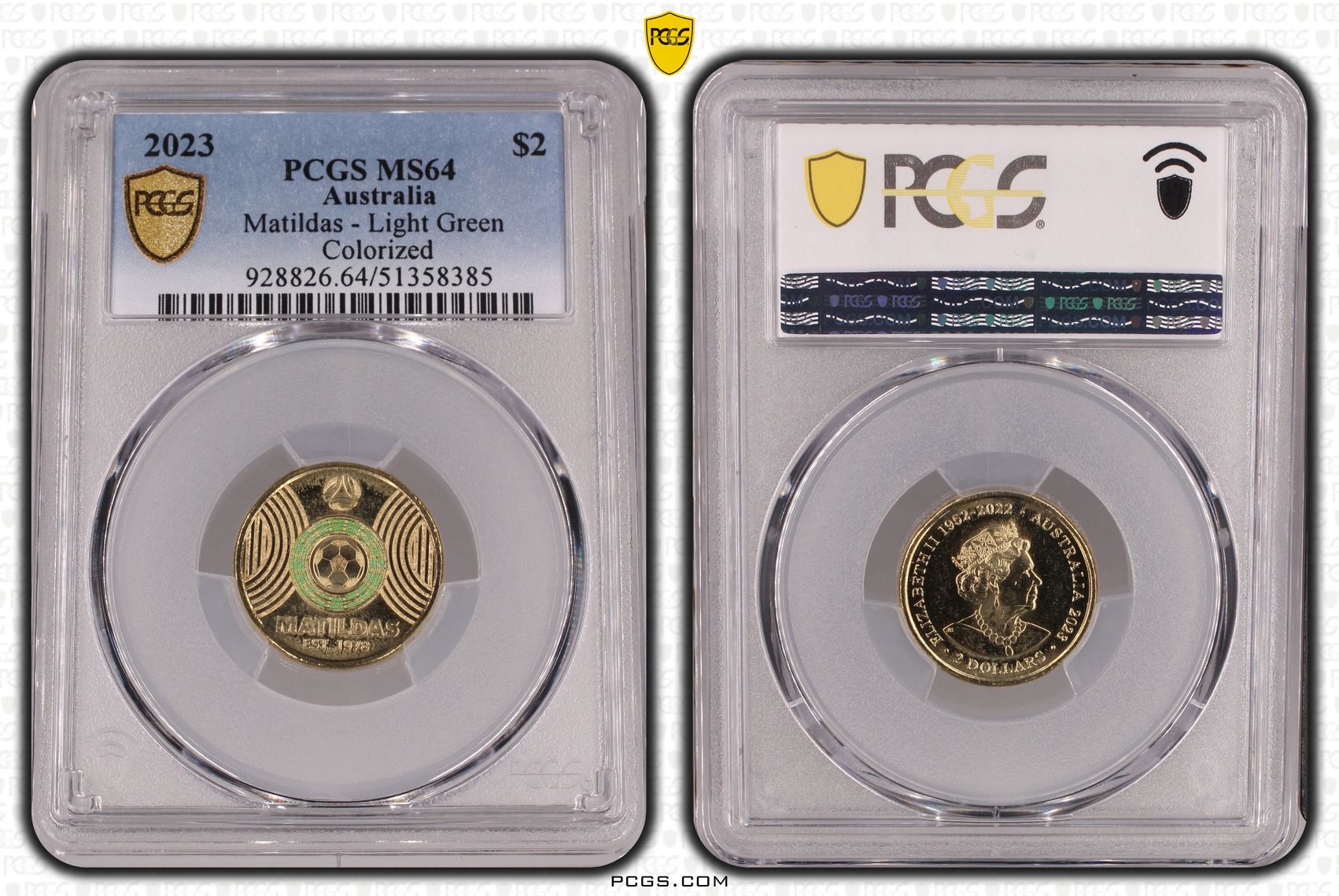 Matildas - Light Green Colorized, Two Dollar, 2023, PCGS MS64