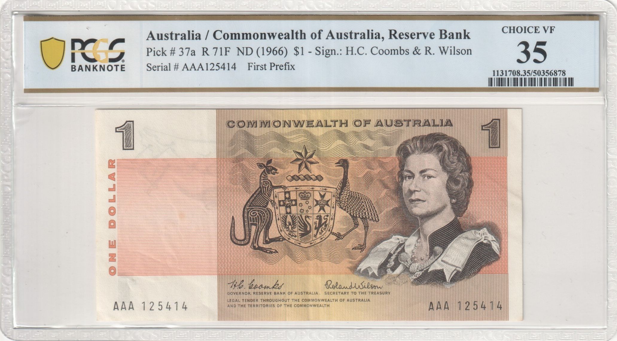 Coombs/Wilson, First Prefix, One Dollar, 1966, PCGS Choice VF 35
