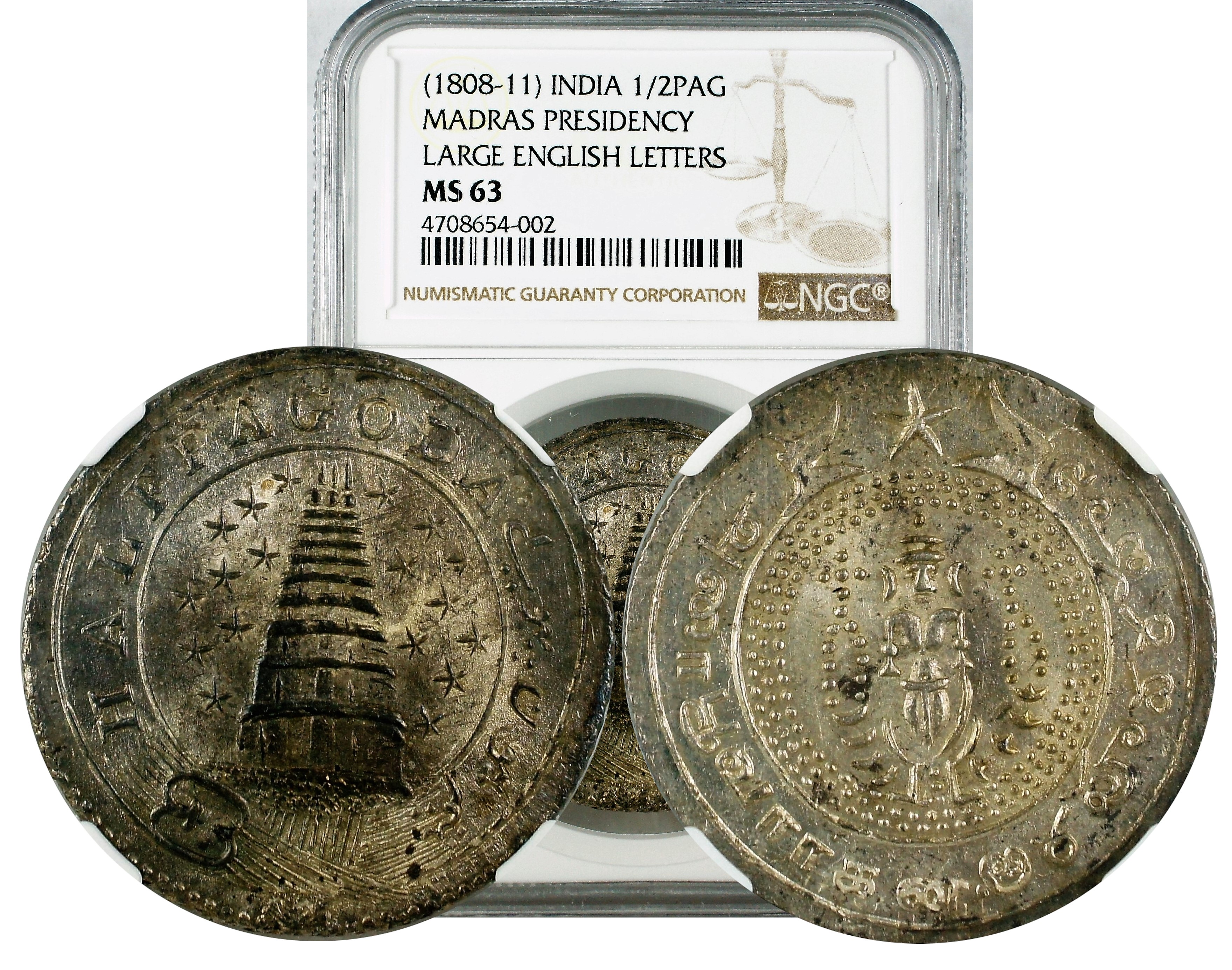 India 1808-11 Madras Presidency 1/2 Pagoda NGC MS63