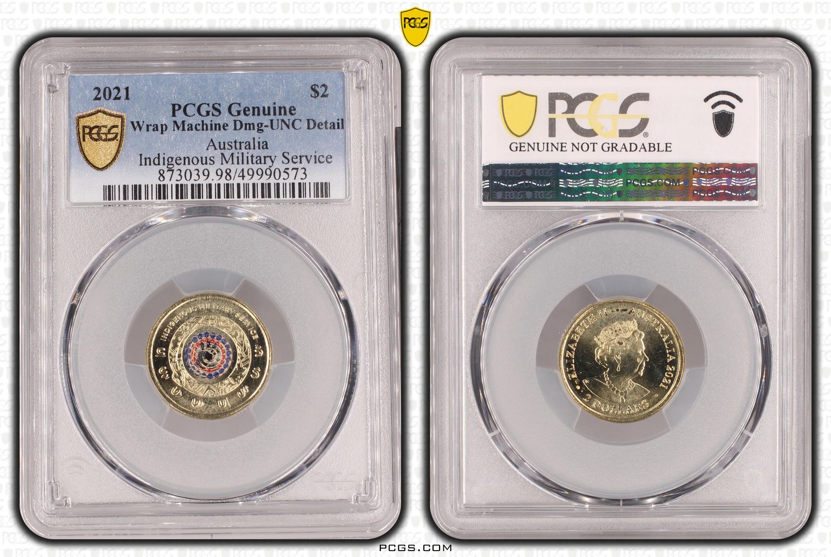 Indigenous Military Service Colourised, Two Dollar, 2021, PCGS Genuine - UNC Details (98 - Damage)