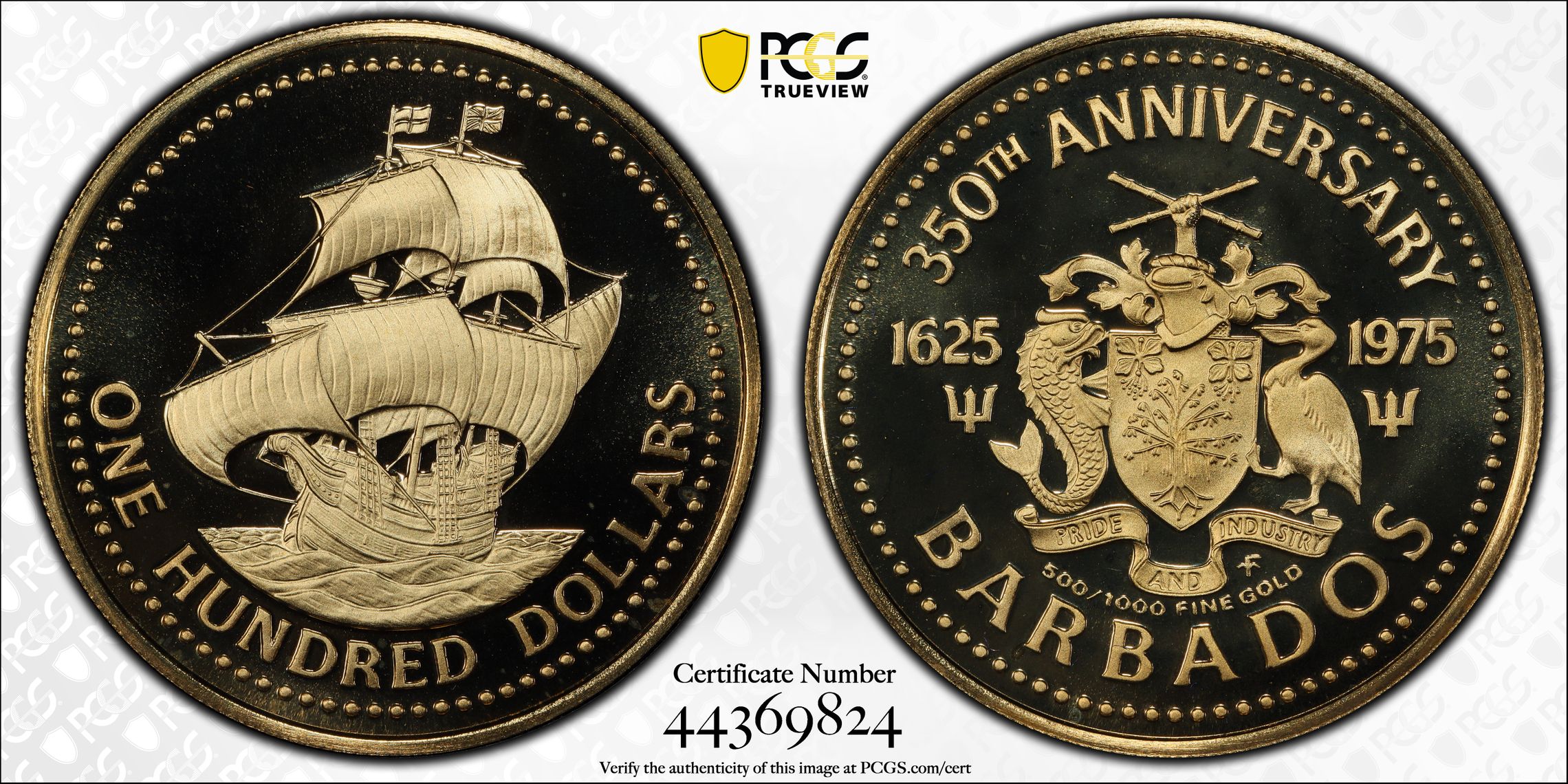 Barbados, Settlement 350TH Anniversary, One Hundred Dollars, 1975-FM, PCGS PR69DCAM