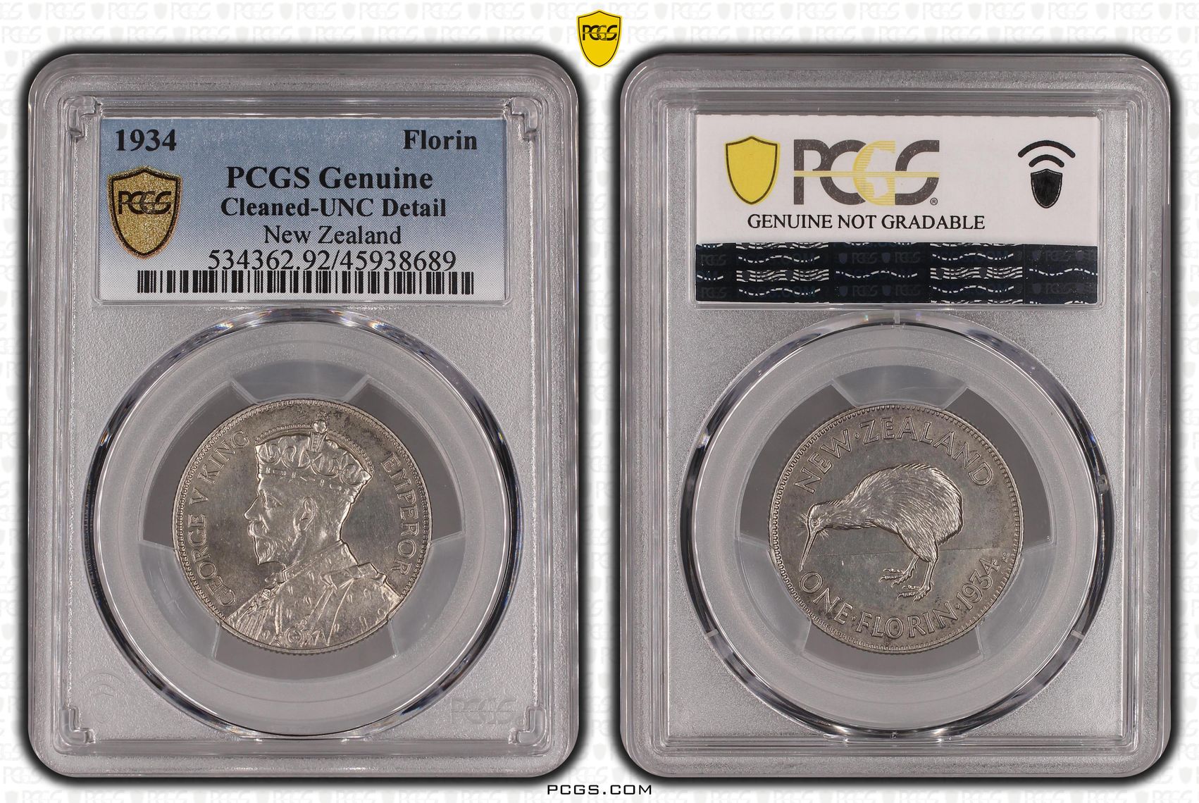 1934 New Zealand Florin Silver PCGS - Genuine - UNC Details (92 - Cleaned) -689