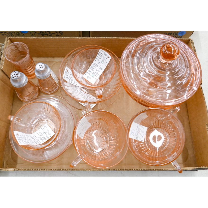 Box Pink Glass Cup Saucers etc.