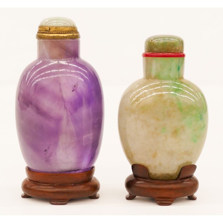 2pc Chinese Jade and Amethyst Snuff Bottles