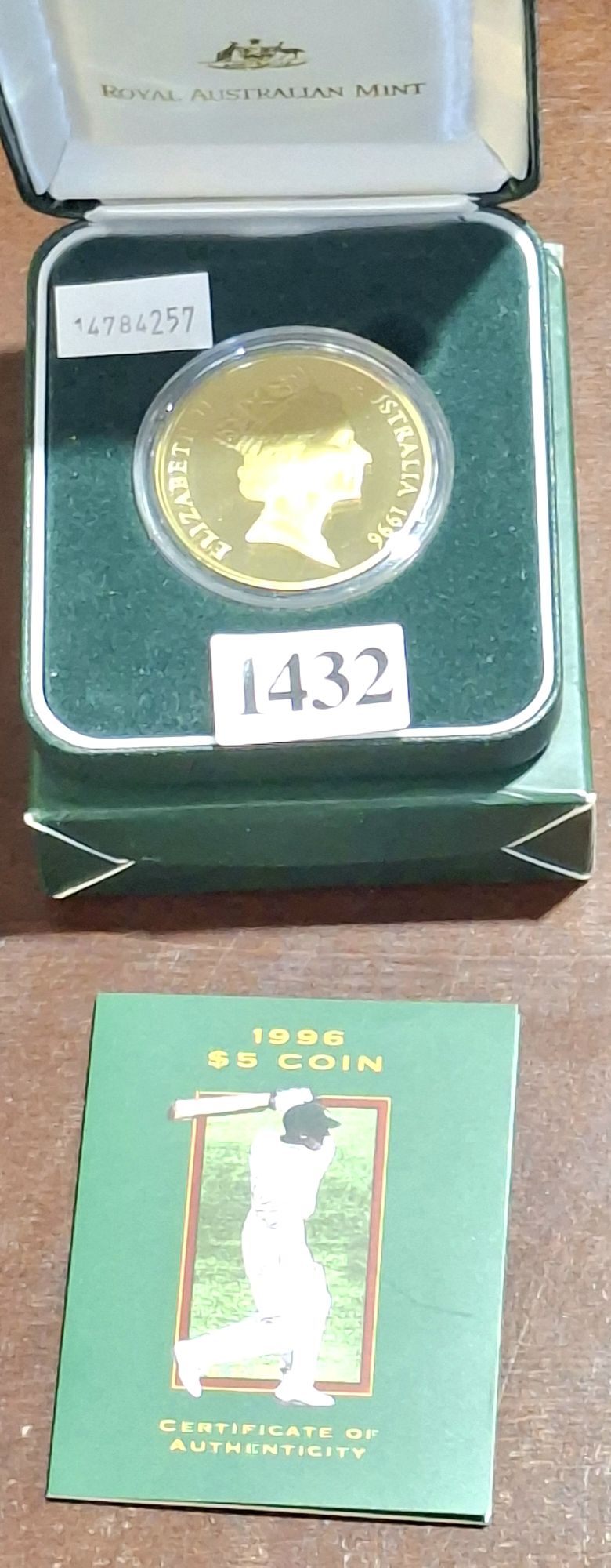 1432 · 1996 SIR DONALD BRADMAN FIVE DOLLAR COIN