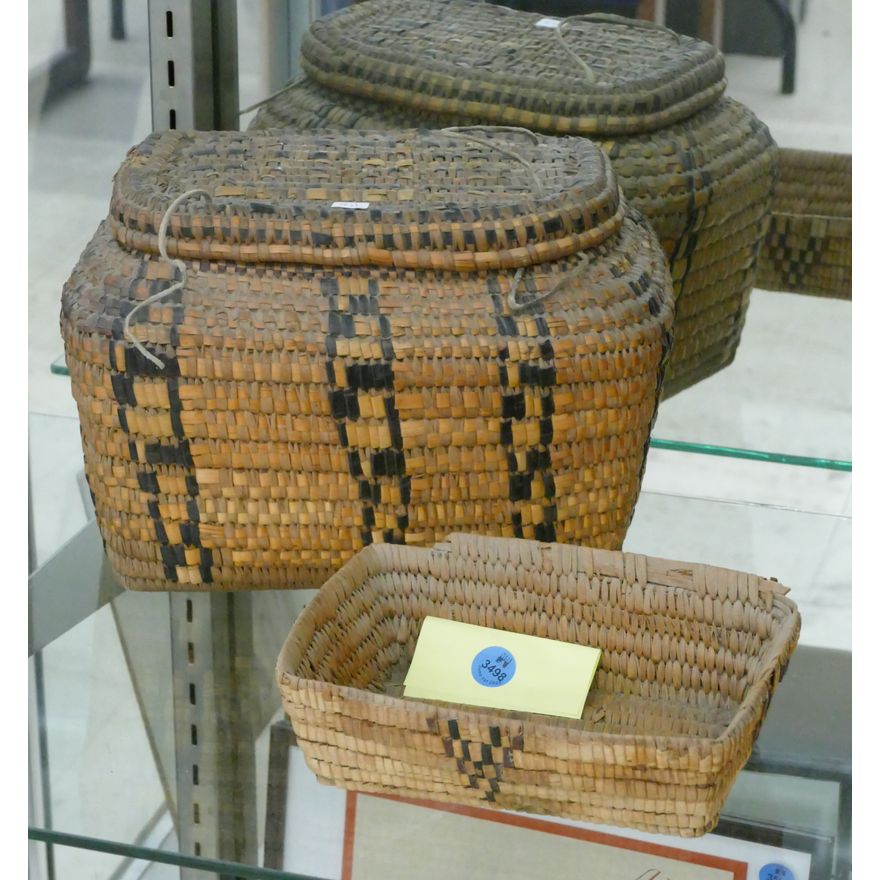 2pc Old Coast Salish Indian Hard Baskets 8'' to 10'' Wide