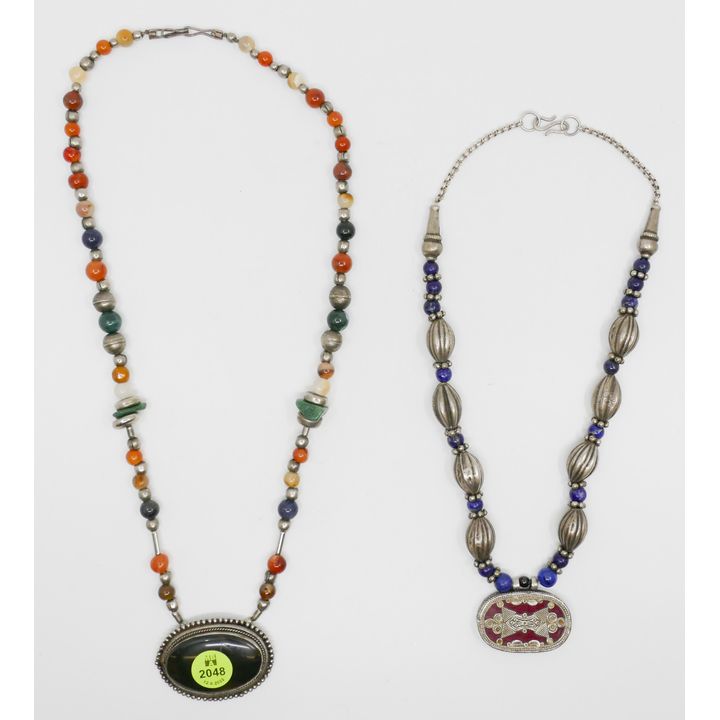 2pc Persian Silver and Stone Bead Pendant Necklaces