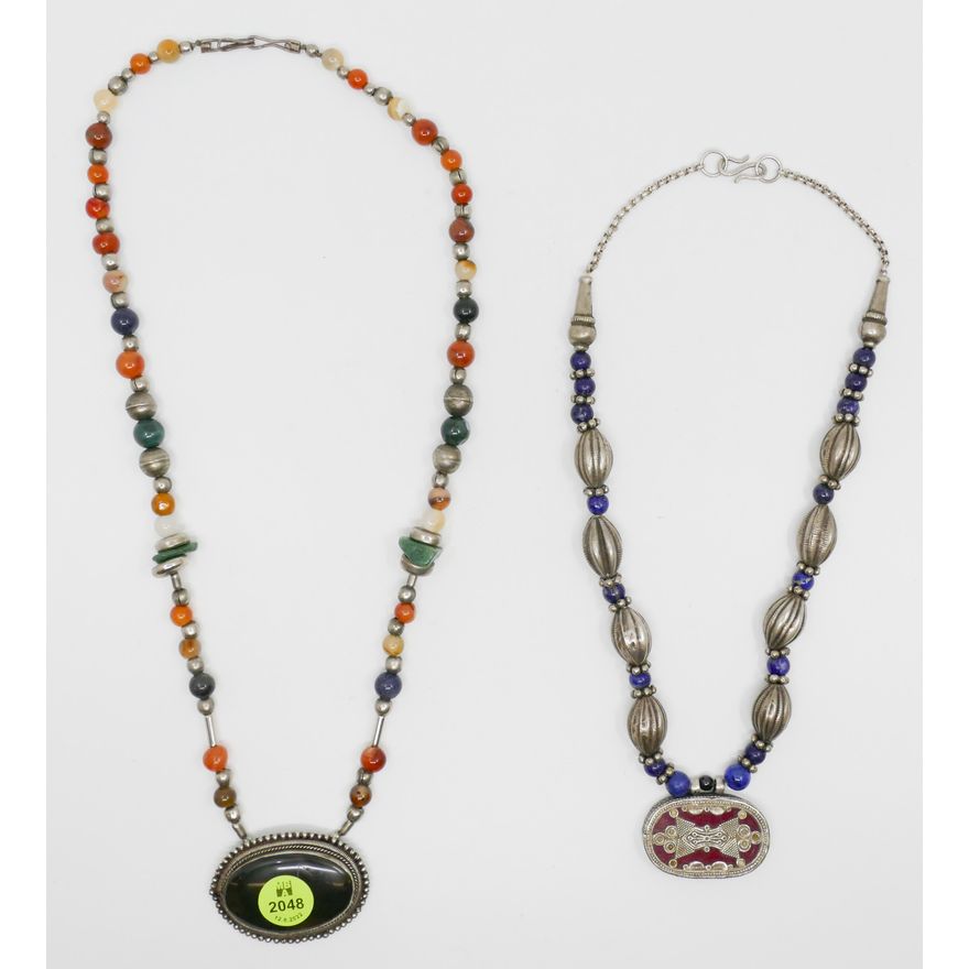 2pc Persian Silver and Stone Bead Pendant Necklaces