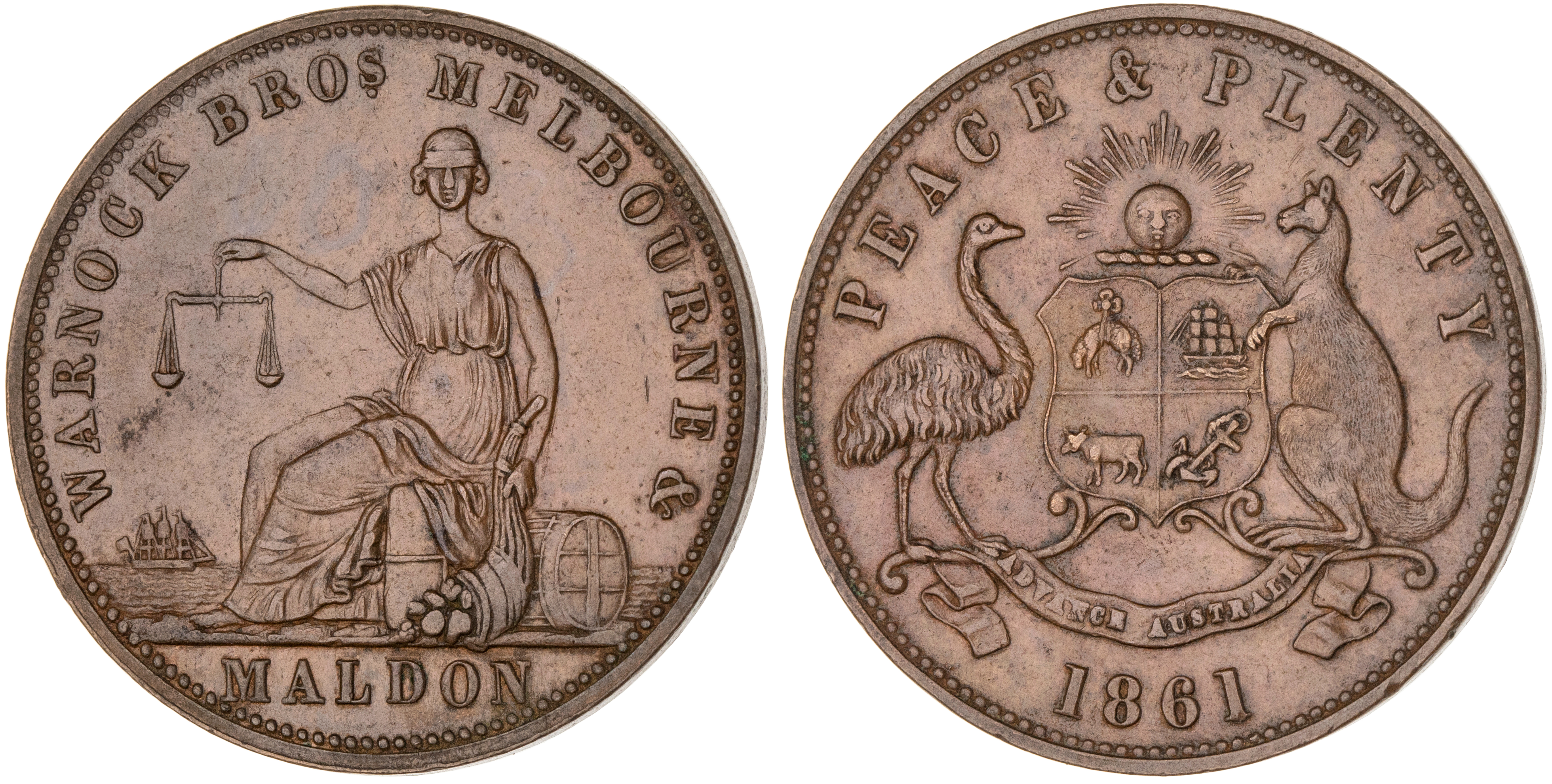 Melbourne, Victoria, Warnock Bros., Penny, 1861, EF