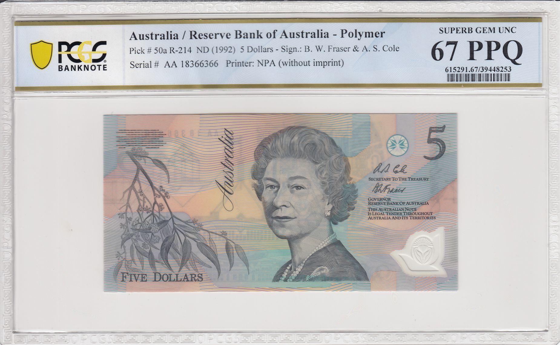 Fraser/Cole, Dark Green Serials, Five Dollar, 1992, PCGS Superb Gem UNC 67 PPQ