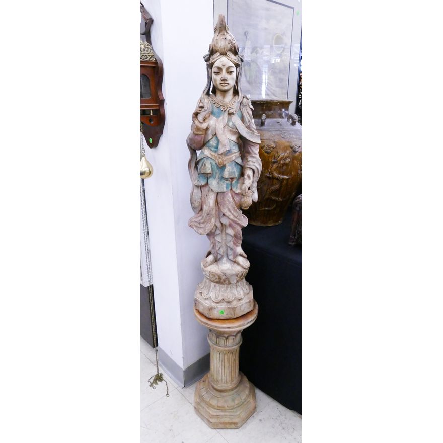 2pc Vintage Chalkware Guanyin on Stand- 62x10''