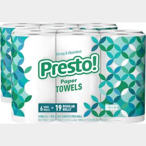 AMAZON BRAND - PRESTO! FLEX-A-SIZE PAPER TOWELS HUGE ROLL 12 COUNT = 30 REGULAR ROLLS WHITE
