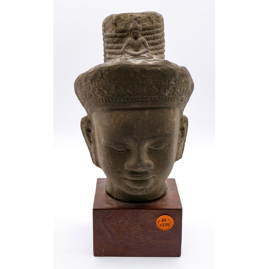Old Cambodian Khmer Style Stone Head on Stand 10.5''