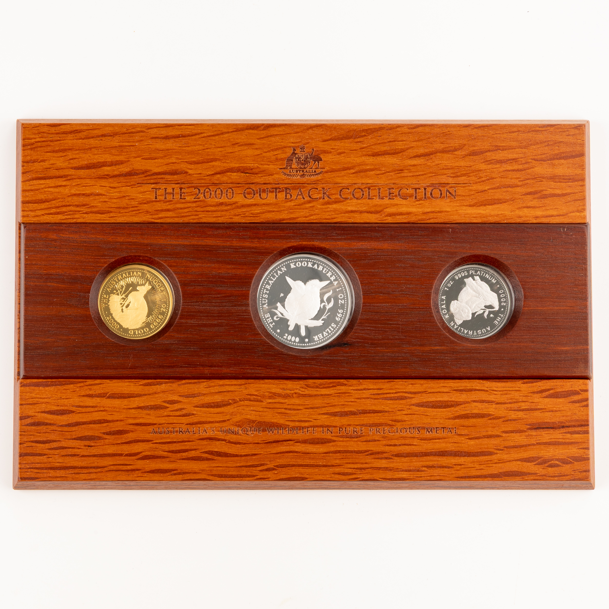 Elizabeth II, Three Metal Proof Set, Silver, Gold, Platinum, One Dollar - One Hundred Dollars, 2000, FDC