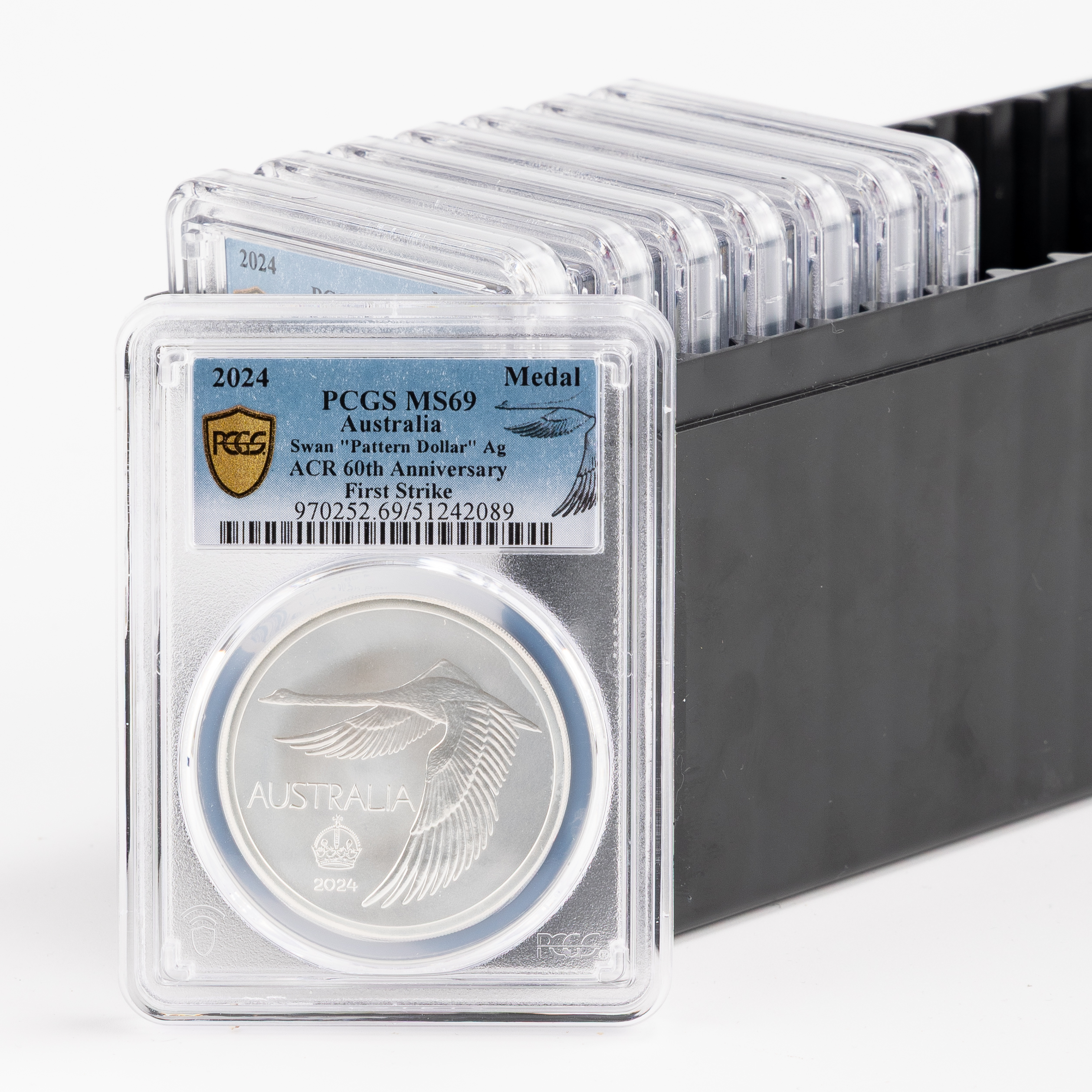 372 · Group of 8 ACR Swan Pattern Dollar Silver Unc, Crown, 2024, PCGS MS69