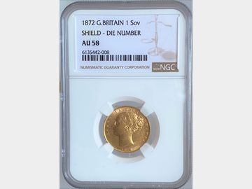 1872 VICTORIA YOUNG HEAD SHIELD #DIE 9 GOLD SOVEREIGN AU58