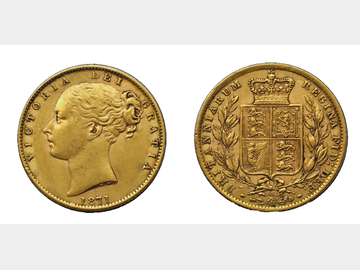 1871 VICTORIA YOUNG HEAD #DIE 48 LONDON MINT SHIELD GOLD SOVEREIGN