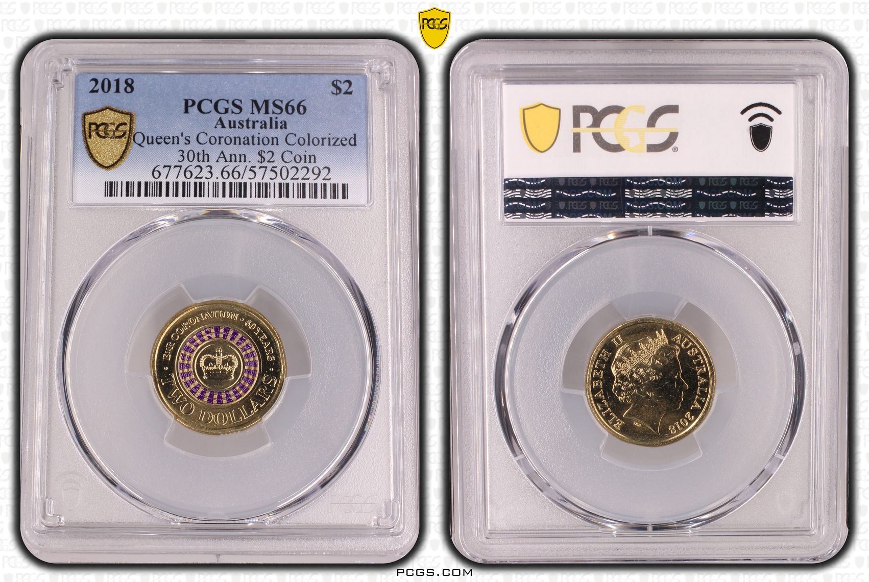 348 · Queen's Coronation Colourised 30th Ann. $2 Coin, Two Dollar, 2018,  MS66