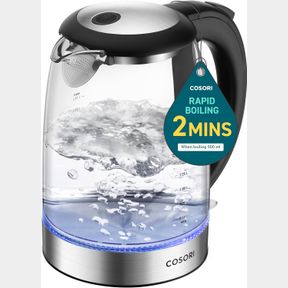 COSORI ELECTRIC KETTLE 1.7L, 1500W WIDE OPENING GLASS TEA KETTLE & HOT WATER BOILER, STAINLESS STEEL FILTER AND INNER LID, LED IND
