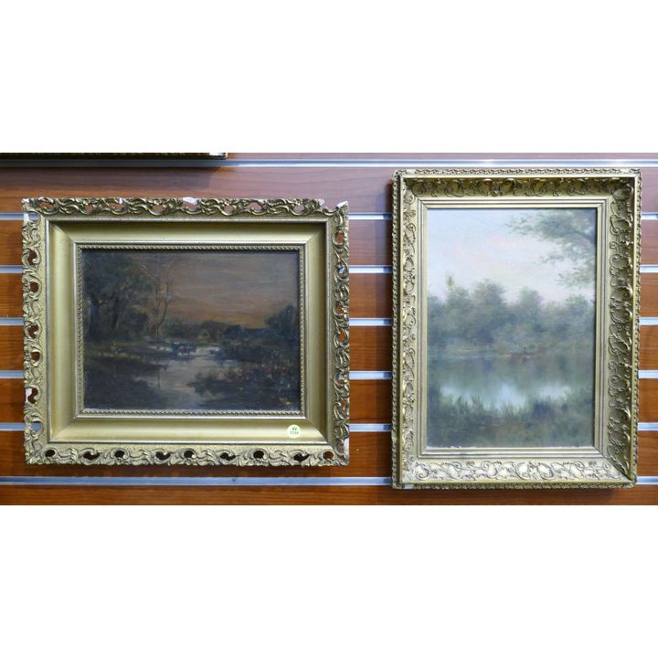 2pc Antique Naive Gilt Framed Oil Paintings- Cows & Guy in Boat- 17x14'' approx