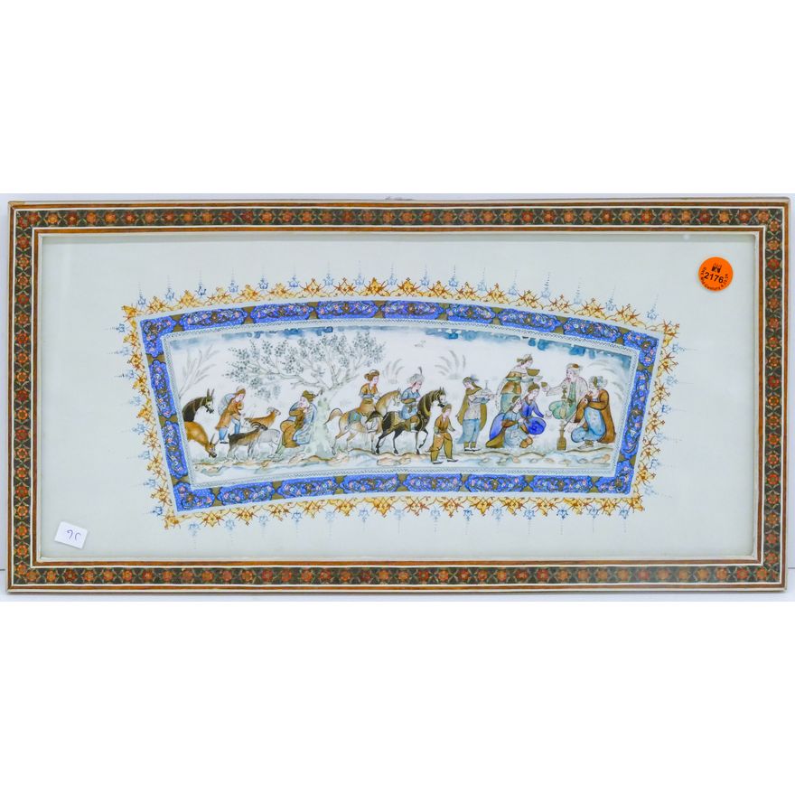 Fine Persian Miniature Equestrian Painting Inlaid Framing 9''x17''