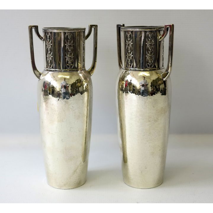 PAIR OF EARLY 20TH CENTURY WMF SILVERPLATED TWO-HANDLED VASES