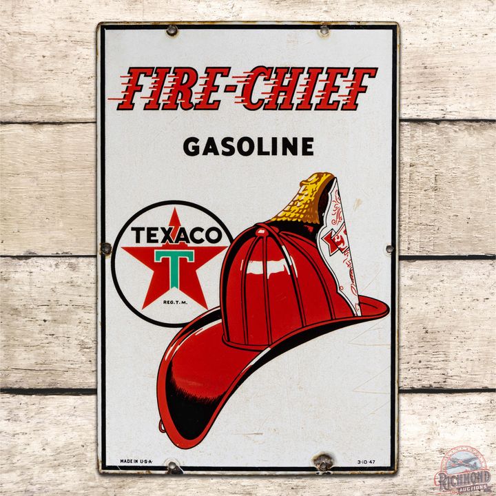 1947 Texaco Fire Chief Gasoline Single Sided Porcelain Pump Plate Sign