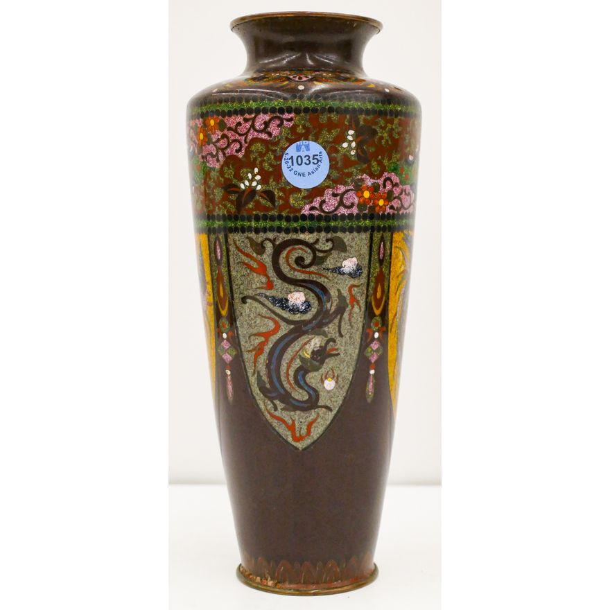 Fine Japanese Meiji Dragon and Phoenix Cloisonne Vase 9.5''