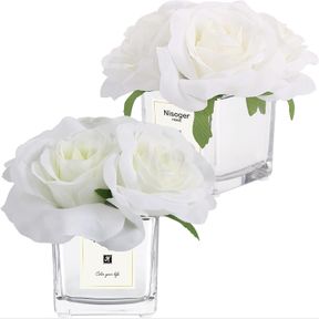 NISOGER 2 PACK FAKE FLOWERS WITH VASE, SILK ROSES ARTIFICIAL FLOWERS IN VASE, FAUX FLOWER ARRANGEMENT WITH VASE SUITABLE FOR HOME
