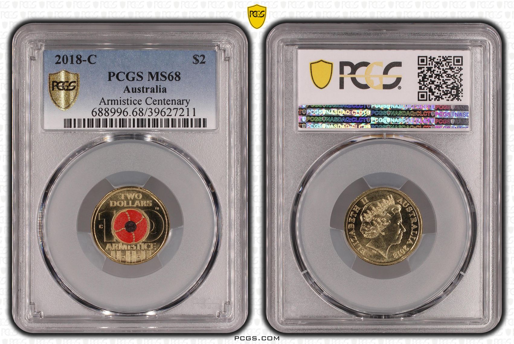 Armistice Centenary Colourised, Two Dollar, 2018-C, PCGS MS68