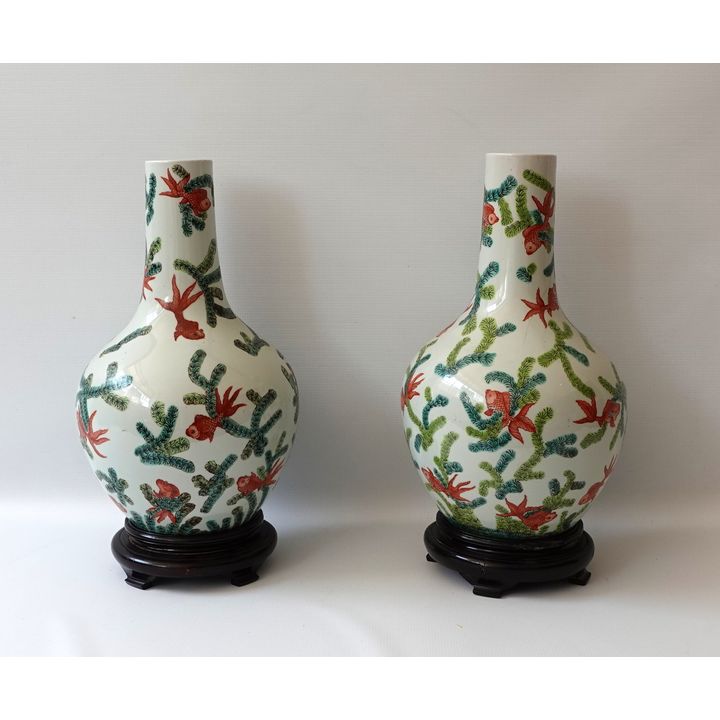 PAIR OF LARGE CHINESE PORCELAIN BOTTLE VASES ON STANDS