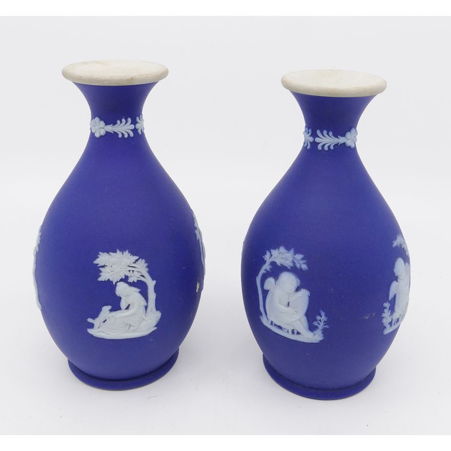 Pair Wedgwood Blue Jasperware Dipped Bud Vases- 5''