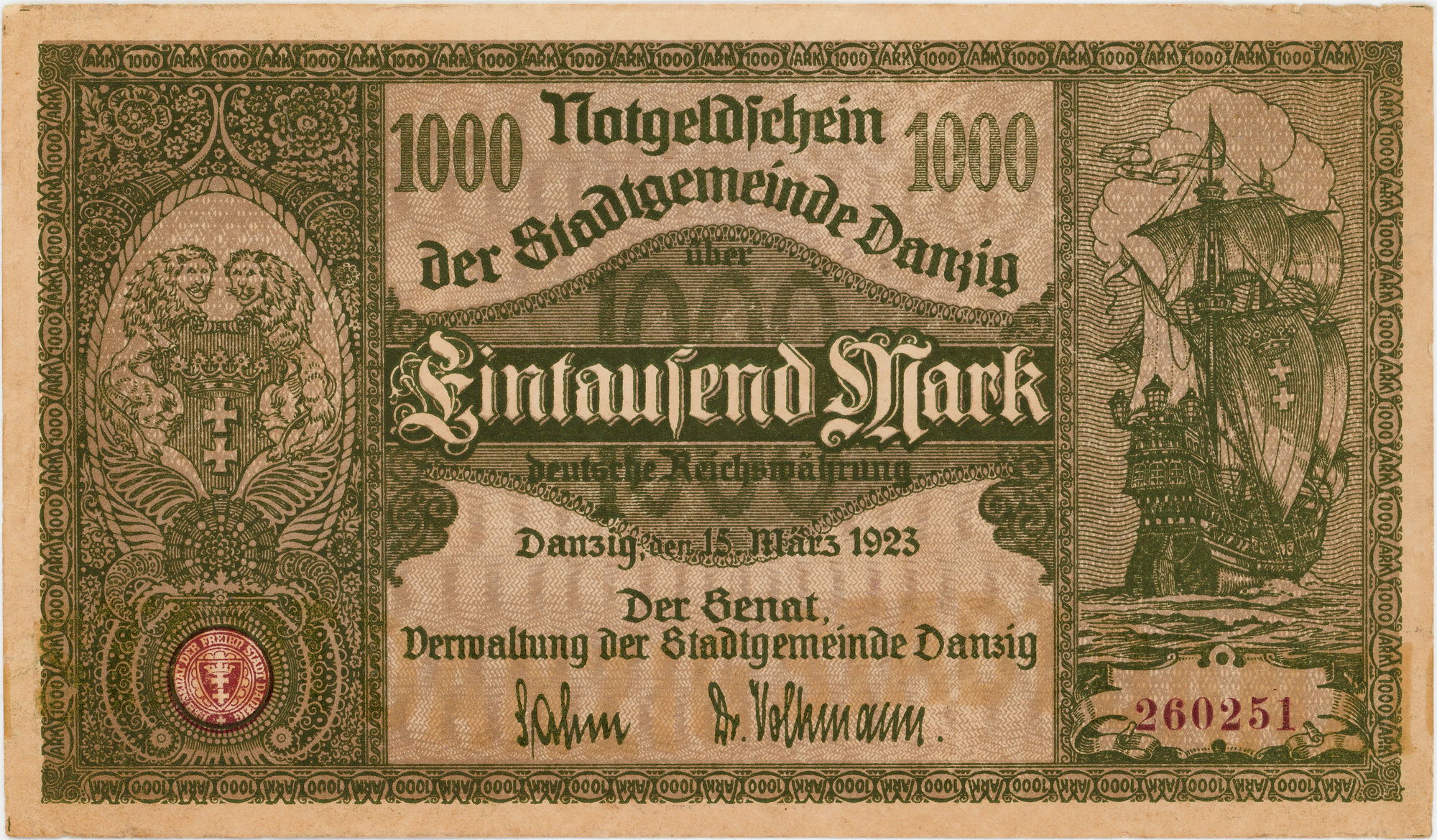 Danzig, Polish Post WWI Inflation Note, One Thousand Mark, 1923, VF - gVF